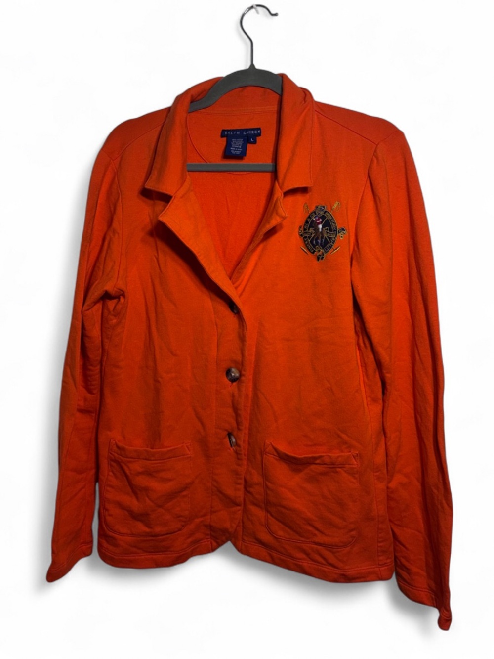 Vintage Ralph Lauren Women’s Blue Label Embroidered Orange Knit Blazer Jacket LG